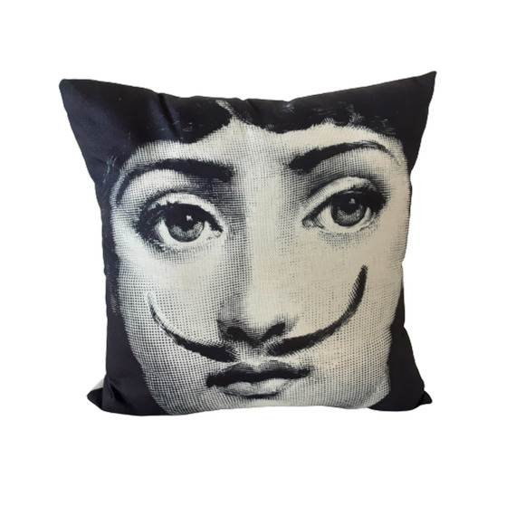 Fornasetti inspired Throw Pillow-Girl w/ Dali Mustache on Beige - Picture 1 of 3